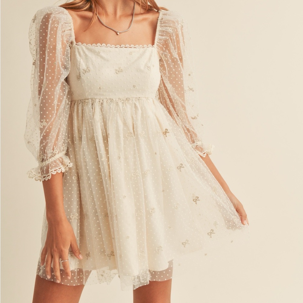 Puff Sleeve Tulle Bow Babydoll Dress - Cream